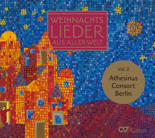 "Album cover with mosaic village scene, red banner, and gold circle on blue background."