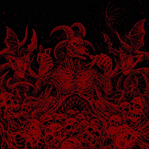 Red illustration of a horned figure surrounded by demons and skulls on a black background.