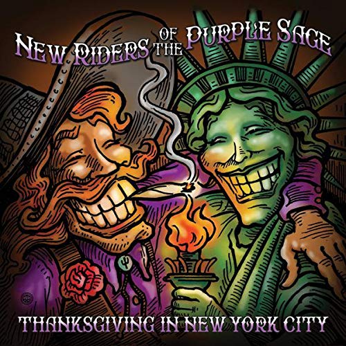 "Vinyl album cover featuring a cartoon image of the Statue of Liberty and a man."