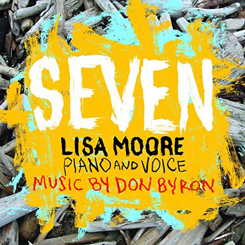 "Album cover with 'SEVEN' in white on yellow paint splash, on driftwood background."