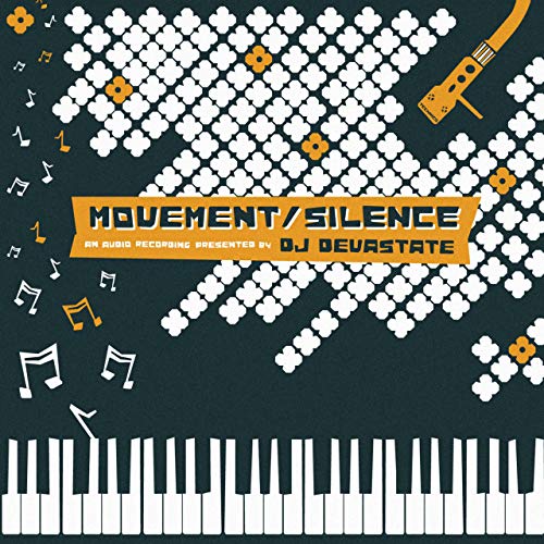 Album cover with piano keys and music notes on dark green background.