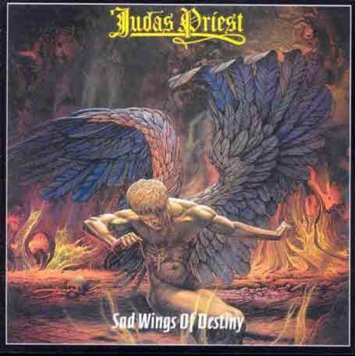 "Judas Priest album cover featuring a man with large black wings in a fiery landscape."