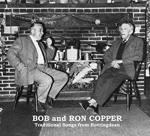 Black and white album cover featuring two men sitting by a fireplace.