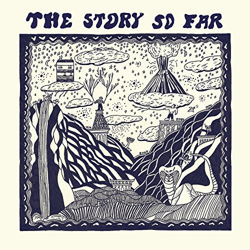 "Album cover art with blue illustration on cream background, featuring fantastical landscape and text."