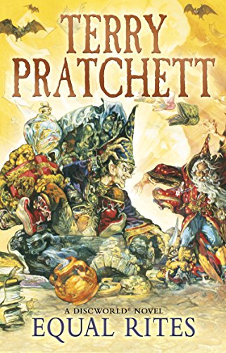 "Book cover with illustration of witches and wizards, titled 'Equal Rites' by Terry Pratchett."