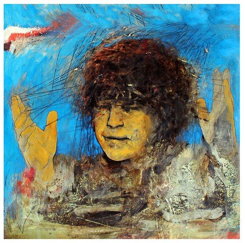 The image depicts a CD cover featuring an abstract painting of a person. Alt text: "CD cover with abstract painting of a person against a blue background."