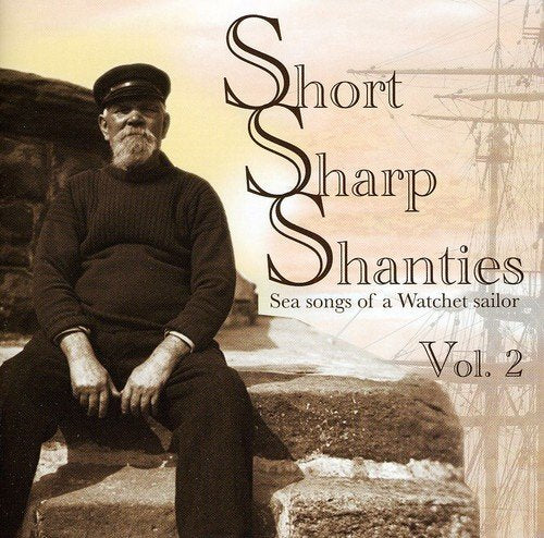 "Album cover featuring a bearded sailor sitting on stone steps with a ship in background."
