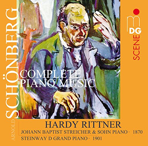"CD cover featuring a portrait of Arnold Schoenberg with orange background and white text."