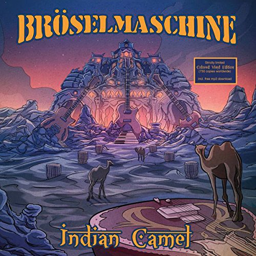 "Album cover art featuring a fantastical temple, camels, and guitars in a desert landscape."
