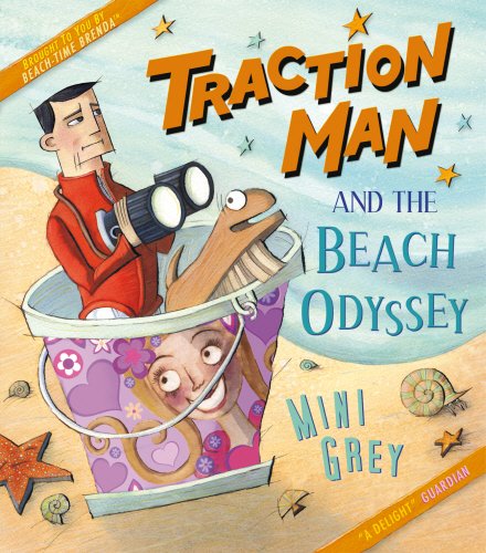 "Book cover featuring Traction Man in a bucket with a fish, on a sandy beach."