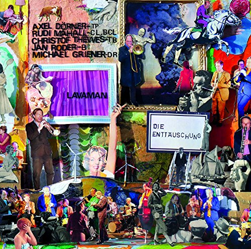 The image is a vibrant collage of various scenes, featuring a mix of people and text. Key elements include: * A prominent purple curtain with the word "LAVAMAN" in black text * A white sign with the words "DIE ENTTÄUSCHUNG" in black text * Multiple images of people, including musicians and others in various settings * A diverse range of colors and textures throughout the collage A concise, descriptive alt text for this image could be