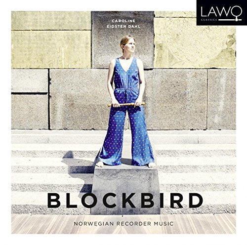 "CD cover featuring a woman in blue jumpsuit holding a recorder."