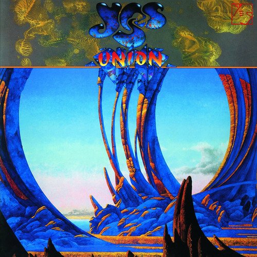 "Album cover art featuring a fantastical blue and orange landscape with 'Yes - Union' text."