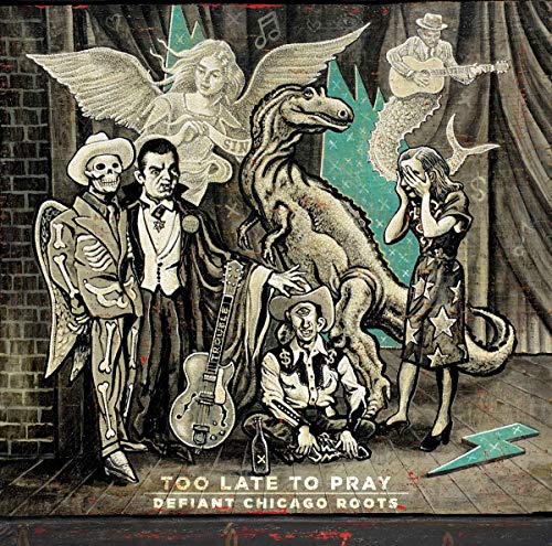 "Vinyl album cover featuring a black and white illustration of musicians and surreal elements."