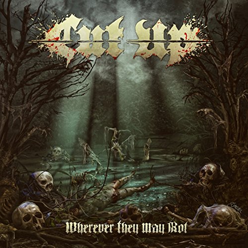 "Album cover art with dark forest, skeletons, and 'CUT UP' in bold, splattered font."