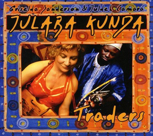 Album cover with a man and woman holding instruments, surrounded by colorful patterned border.