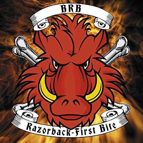 "Red cartoon boar head with crossed bones, surrounded by flames and banners."