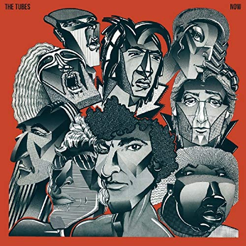 The image is a red album cover featuring a black-and-white illustration of multiple faces.