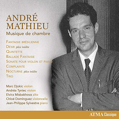 "CD cover with black-and-white portrait and gold text listing musical compositions and performers."