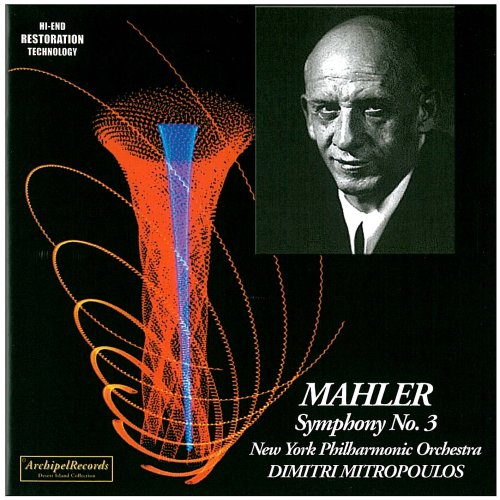 CD cover with black background, red and blue abstract design, and portrait of Dimitri Mitropoulos.