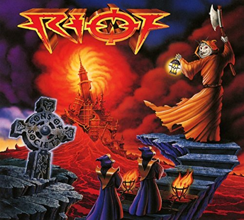 "Album cover art for 'Riot - Sons Of Society' featuring robed figures and a fiery landscape."