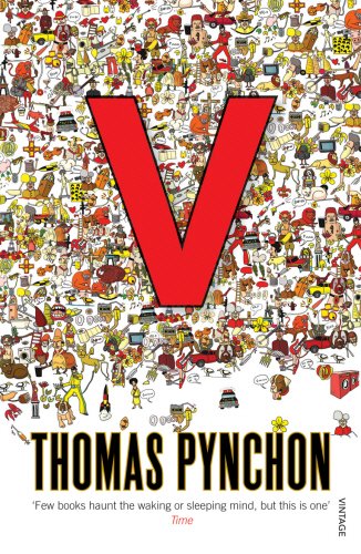 "Book cover with large red 'V', author's name, and collage of cartoon characters."