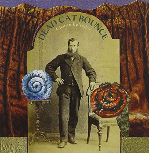 "Vintage-style CD cover with man, seashells, and ornate chair against a brown curtain."