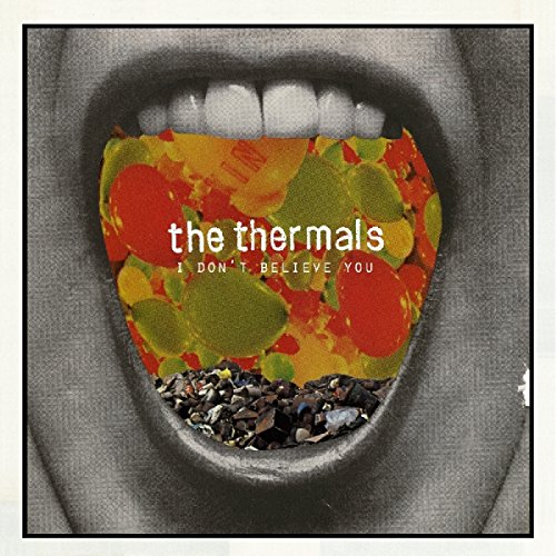 A vinyl record cover featuring a mouth with vinyl fragments and colorful abstract shapes inside.