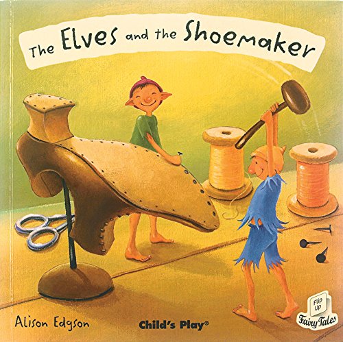 "The Elves and the Shoemaker" children's book cover featuring cartoon elves working on a shoe.