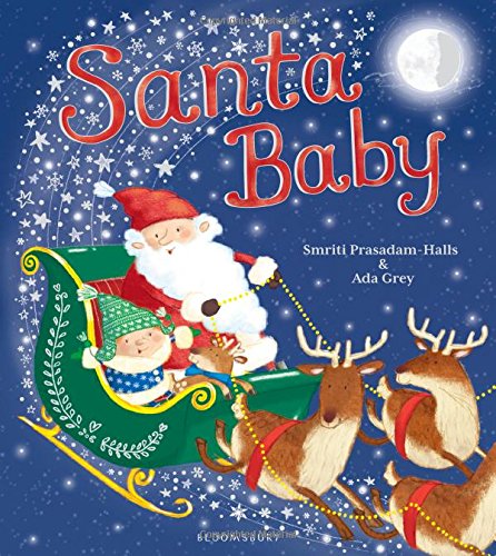 "Children's book cover featuring Santa Claus and a baby in a sleigh with reindeer."