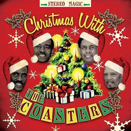 "Album cover with four men's faces and a Christmas tree on a red background."