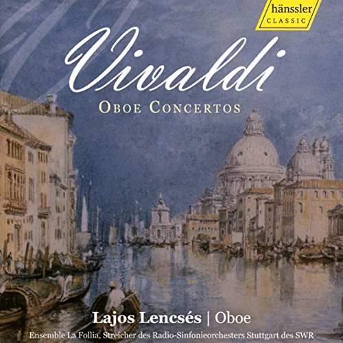 "CD cover featuring a serene Venetian canal scene with 'Vivaldi Oboe Concertos' title."