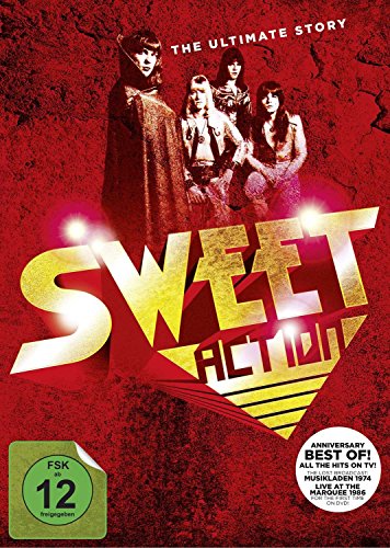 "Sweet Action DVD cover featuring the band members against a red, textured background."