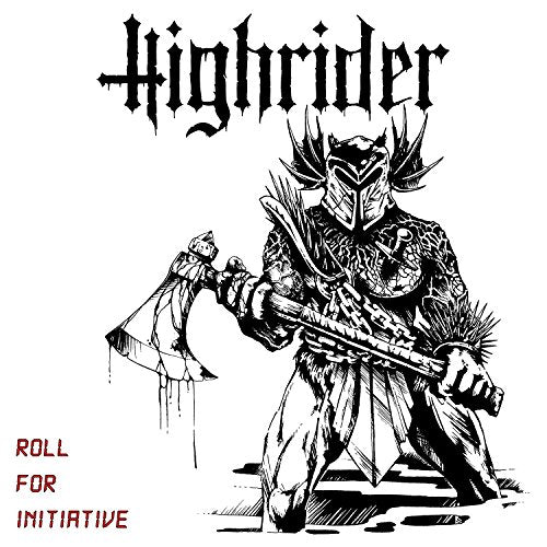 Black and white illustration of a knight holding an axe, with red text below.