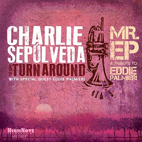 Album cover with pink background, white and brown text, and a trumpet illustration.