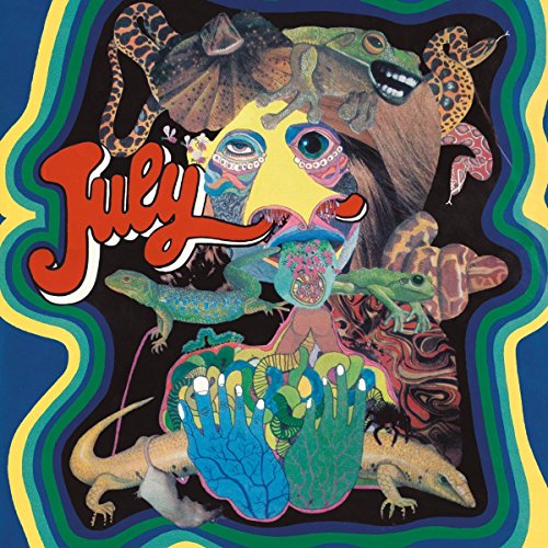 Vinyl record cover with a psychedelic collage of lizards and a face on a black background.