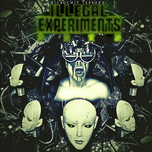 "Album cover with a man surrounded by machinery and masks, screaming with futuristic goggles."