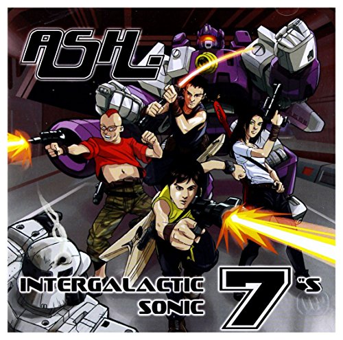 "Album cover with cartoon characters and robot, titled 'Ash - Intergalactic Sonic 7"s'."