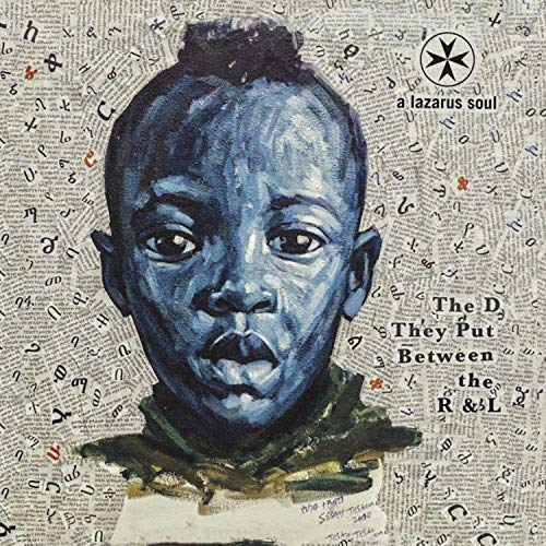 Album cover with a blue-toned child's portrait and text on a newspaper background.