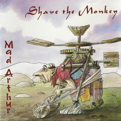 "Album cover art: cartoon monkey in a steampunk contraption, outdoors."