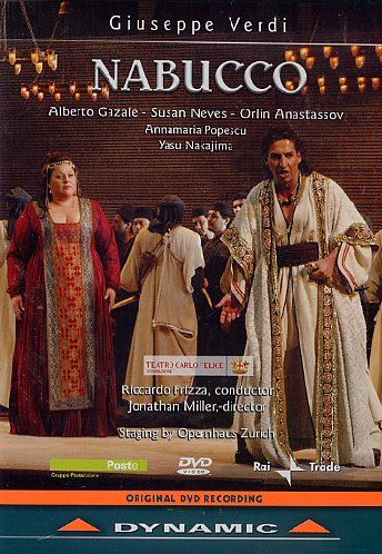 DVD cover for Verdi's "Nabucco" featuring opera performers in elaborate costumes on stage.