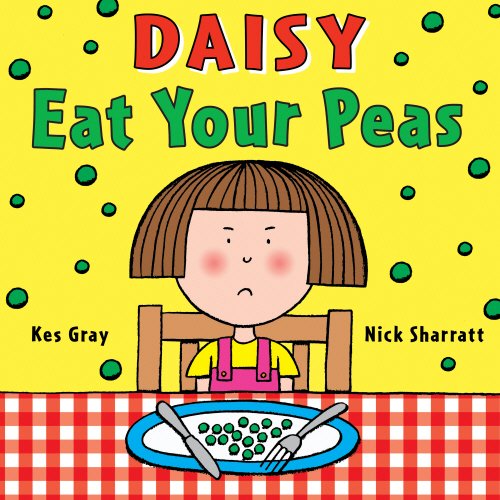 "Children's book cover featuring a girl with a frown, sitting at a table with peas."