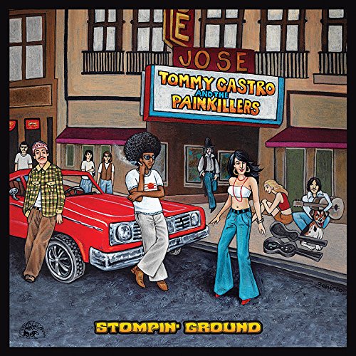 "Album cover art featuring cartoon people outside a building with a sign reading 'Tommy Castro and the Painkillers'."