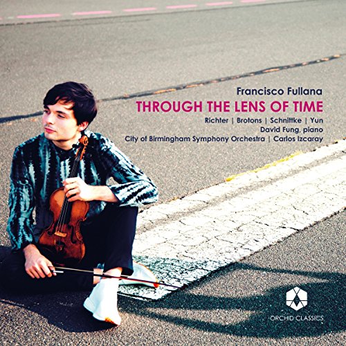 "CD cover featuring a man sitting on a road, holding a violin."