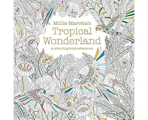 Colouring book cover with tropical birds, flowers, and leaves, some partially coloured.