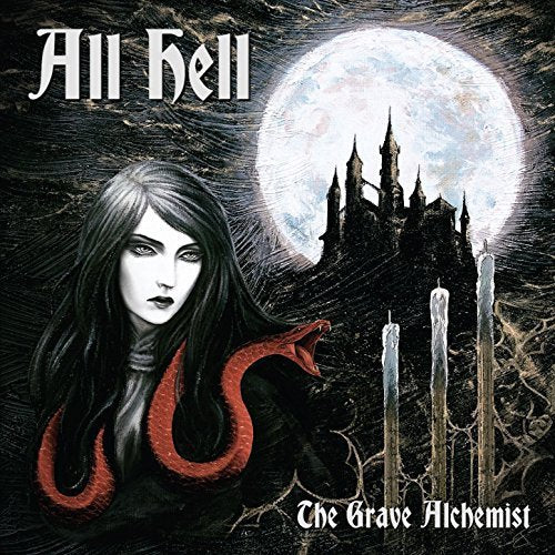 "Album cover featuring a woman with a snake and a haunted castle under a full moon."