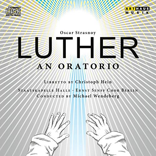 "Album cover for 'Luther: An Oratorio' with hands reaching towards a radiant light."