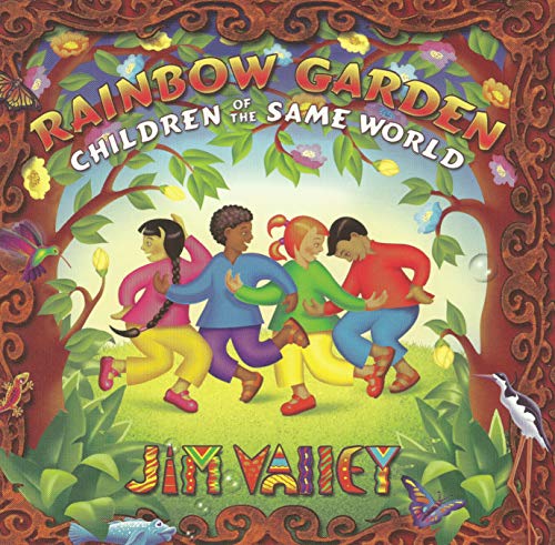 "Album cover featuring four children dancing in a garden, surrounded by foliage."