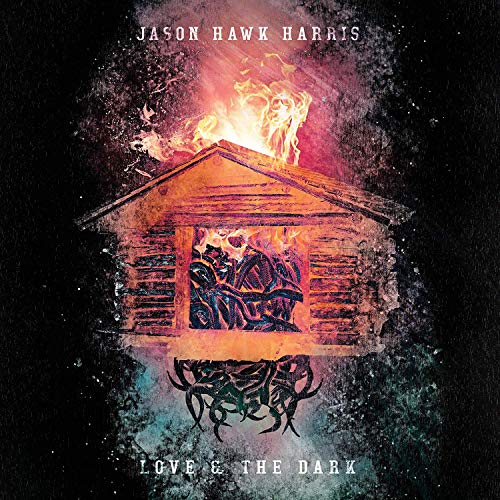 "Album cover with a burning wooden shack and scorpion, on a black background."