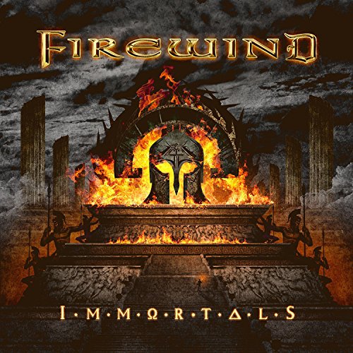 "Album cover featuring a helmet on a burning pedestal, surrounded by warriors."